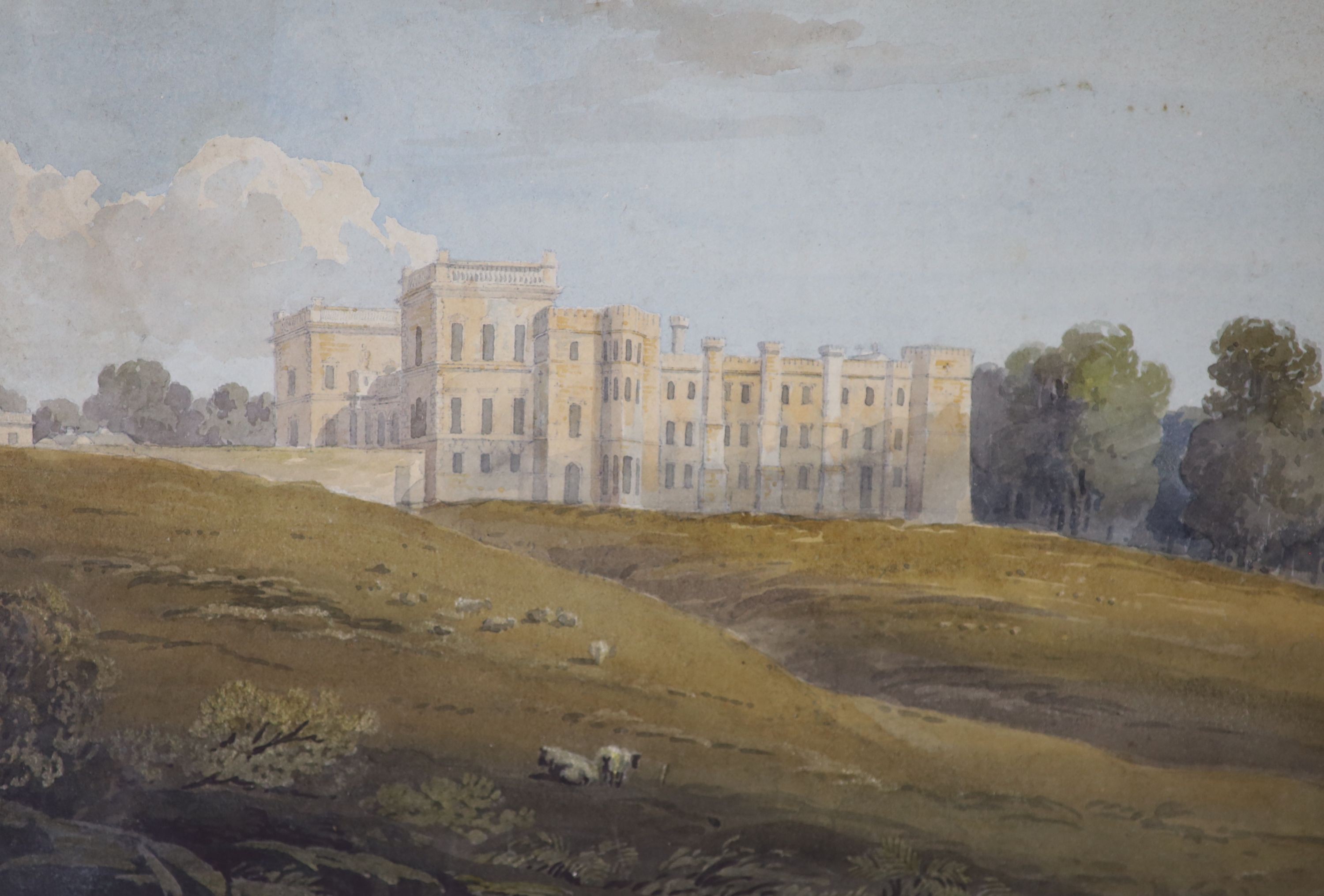Three unframed watercolours; Grimsthorpe Castle, Lincoln, 20 x 29cm. View of Halmsworth and mountain scene.